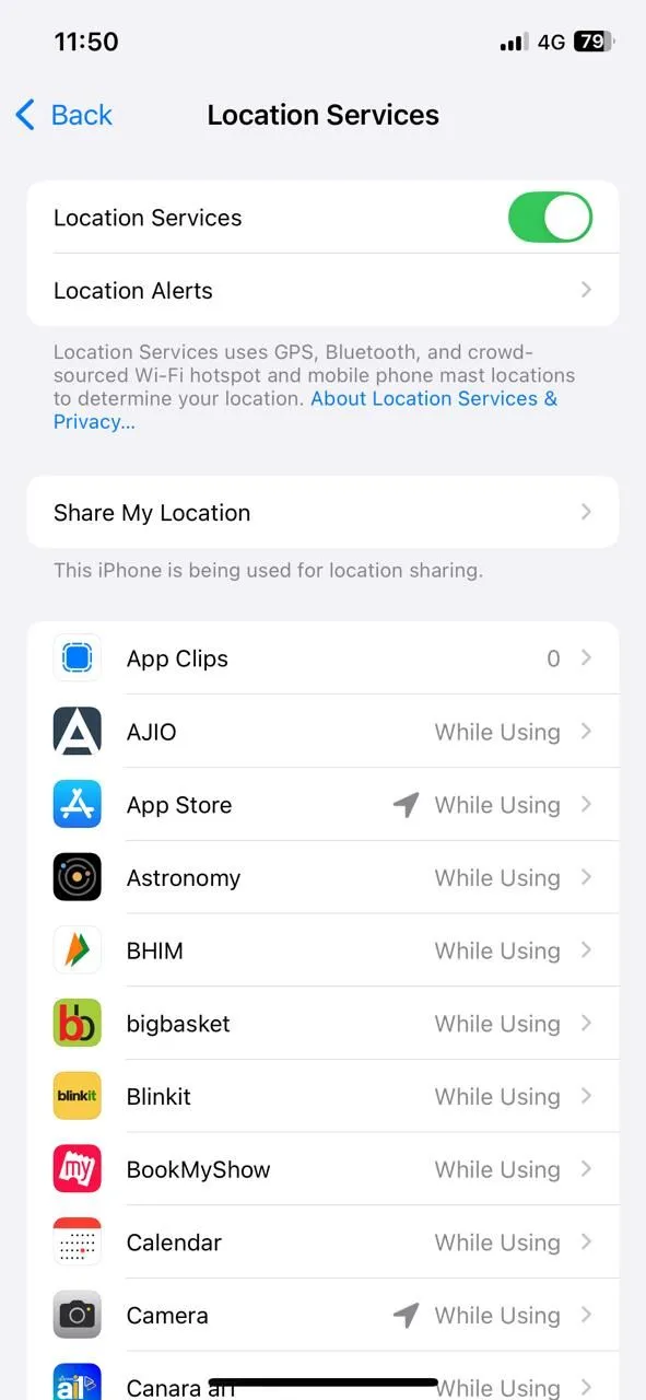 Giao diện cài đặt Dịch vụ Định vị trên iPhone