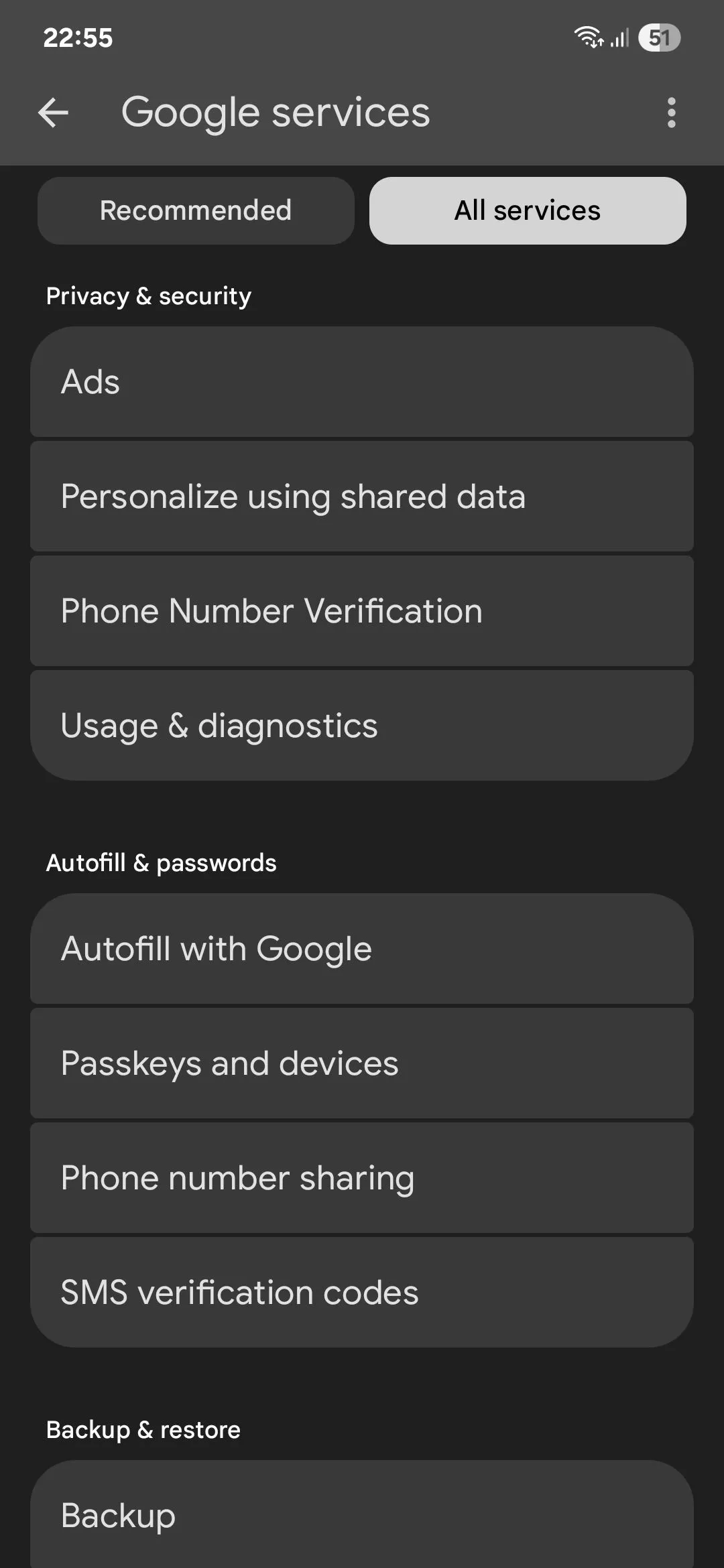 Giao diện cài đặt dịch vụ Google trên Android với mục "Quảng cáo"
