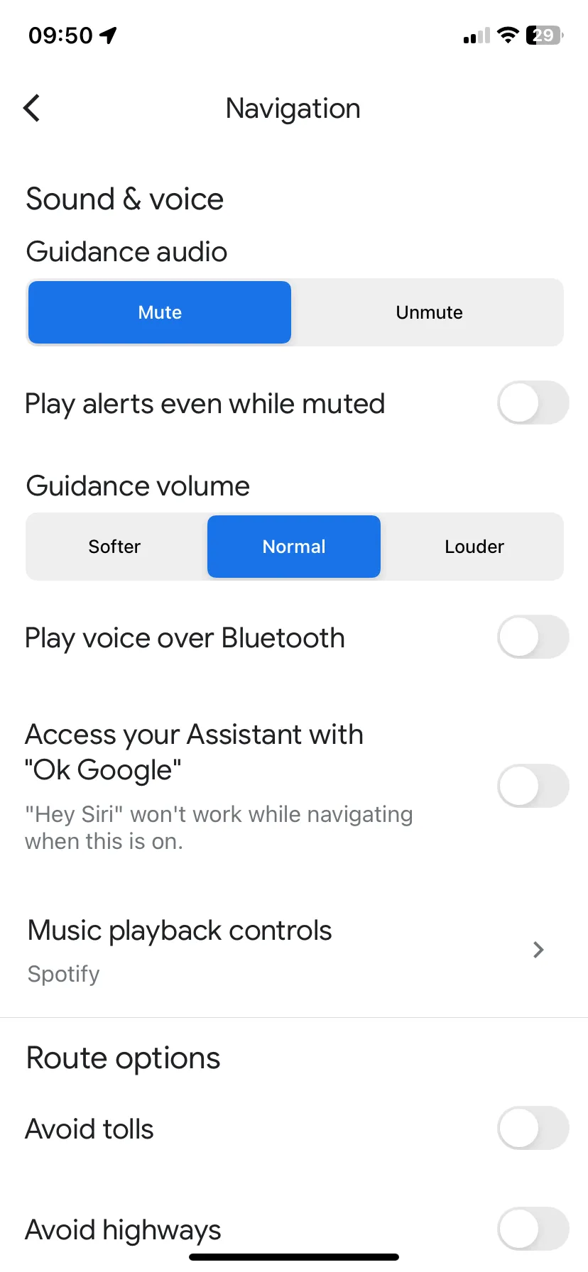 Giao diện cài đặt Điều hướng trong Google Maps trên iOS, nơi bạn có thể chọn ứng dụng nghe nhạc