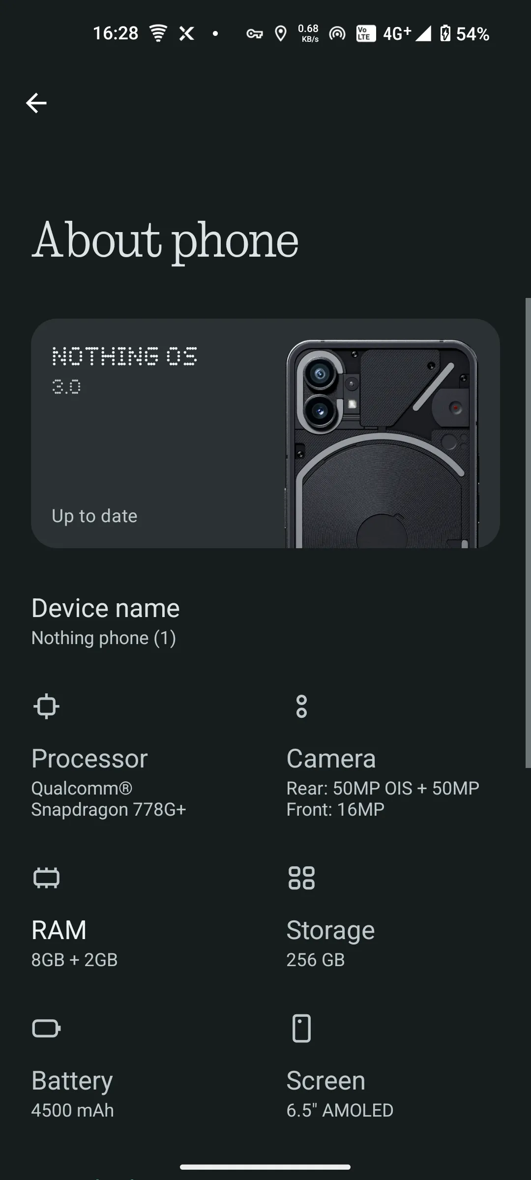 Giao diện Cài đặt &gt; Giới thiệu về điện thoại trên Nothing Phone hiển thị tùy chọn chi tiết thiết bị