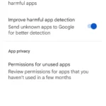 Giao diện cài đặt Google Play Protect trên Play Store hiển thị kết quả quét an toàn và tùy chọn quyền ứng dụng không sử dụng