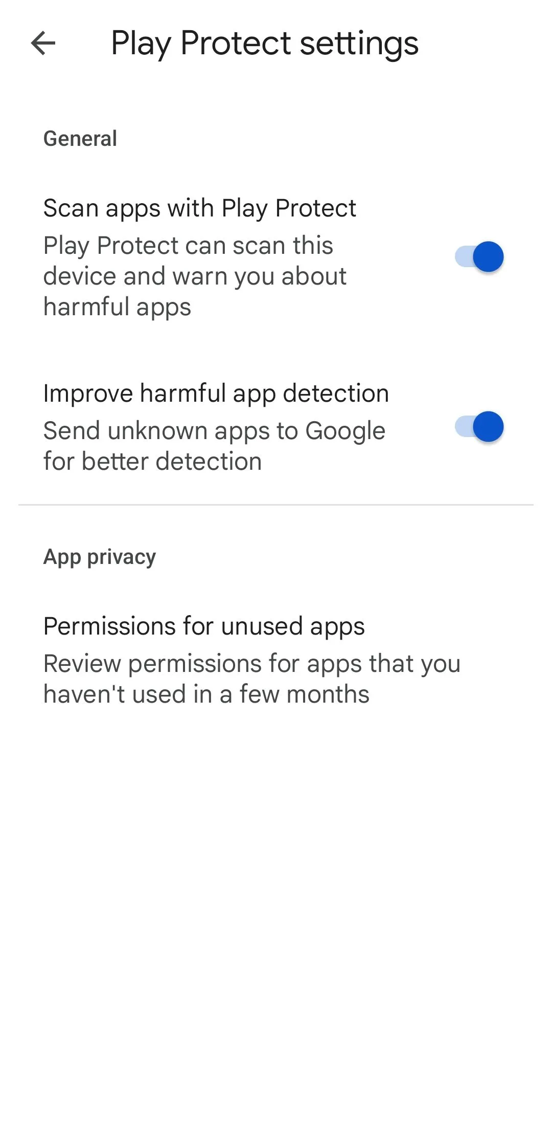 Giao diện cài đặt Google Play Protect trên Play Store hiển thị kết quả quét an toàn và tùy chọn quyền ứng dụng không sử dụng