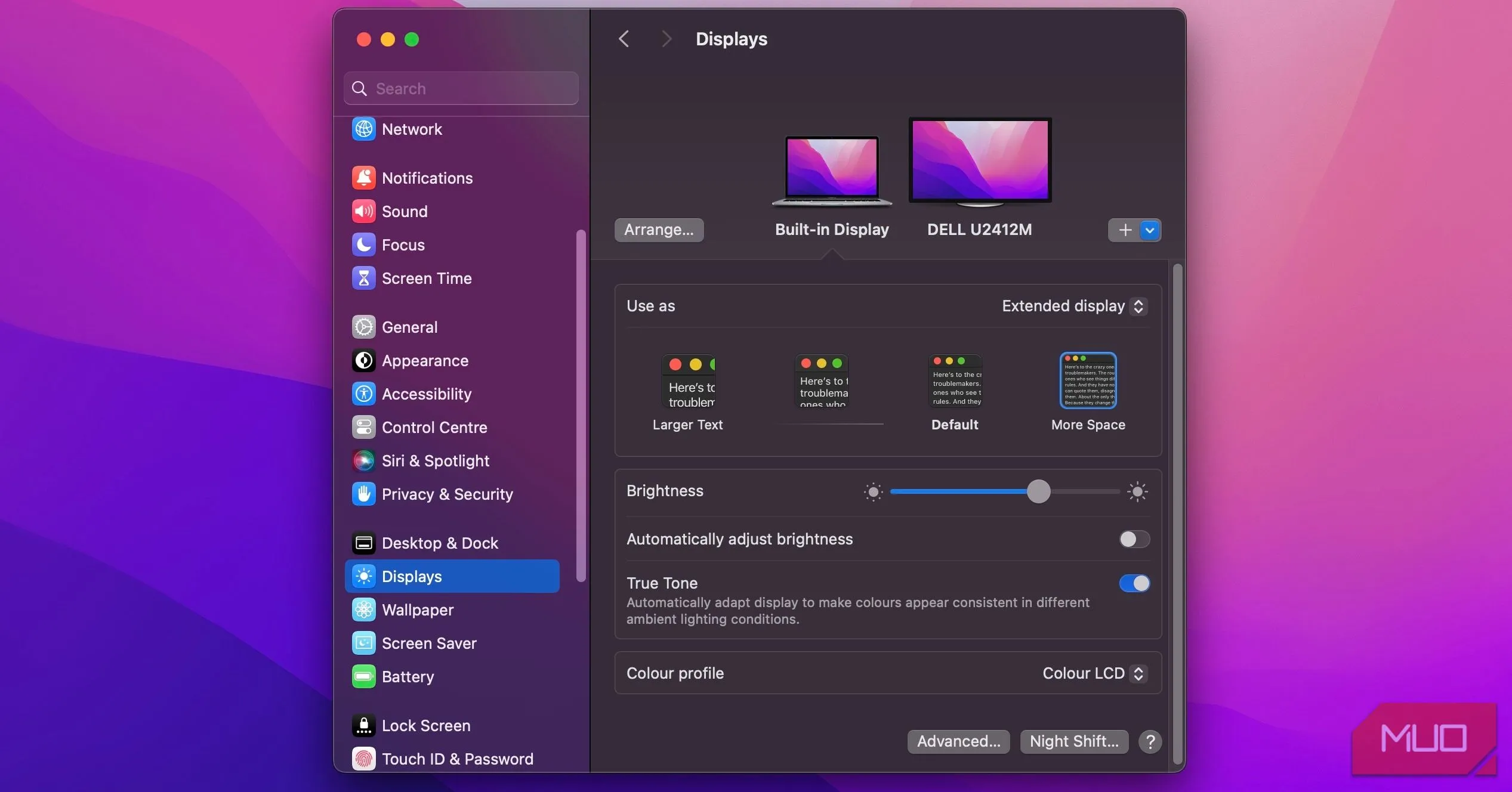 Giao diện cài đặt hiển thị Display Settings trên macOS Sonoma