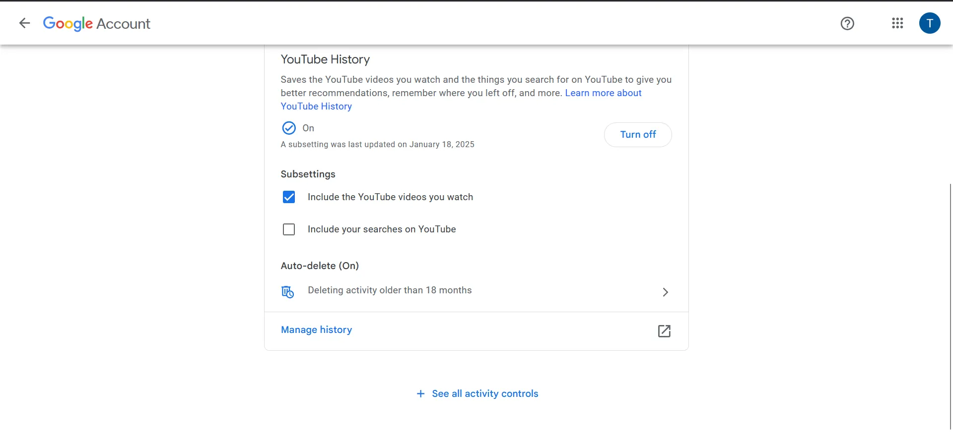 Giao diện cài đặt lịch sử và quyền riêng tư trên YouTube, cho phép người dùng kiểm soát lịch sử xem và tìm kiếm để tối ưu đề xuất.
