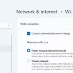 Giao diện cài đặt mạng Wi-Fi trên Windows hiển thị tùy chọn thay đổi hồ sơ mạng từ Public sang Private hoặc ngược lại.