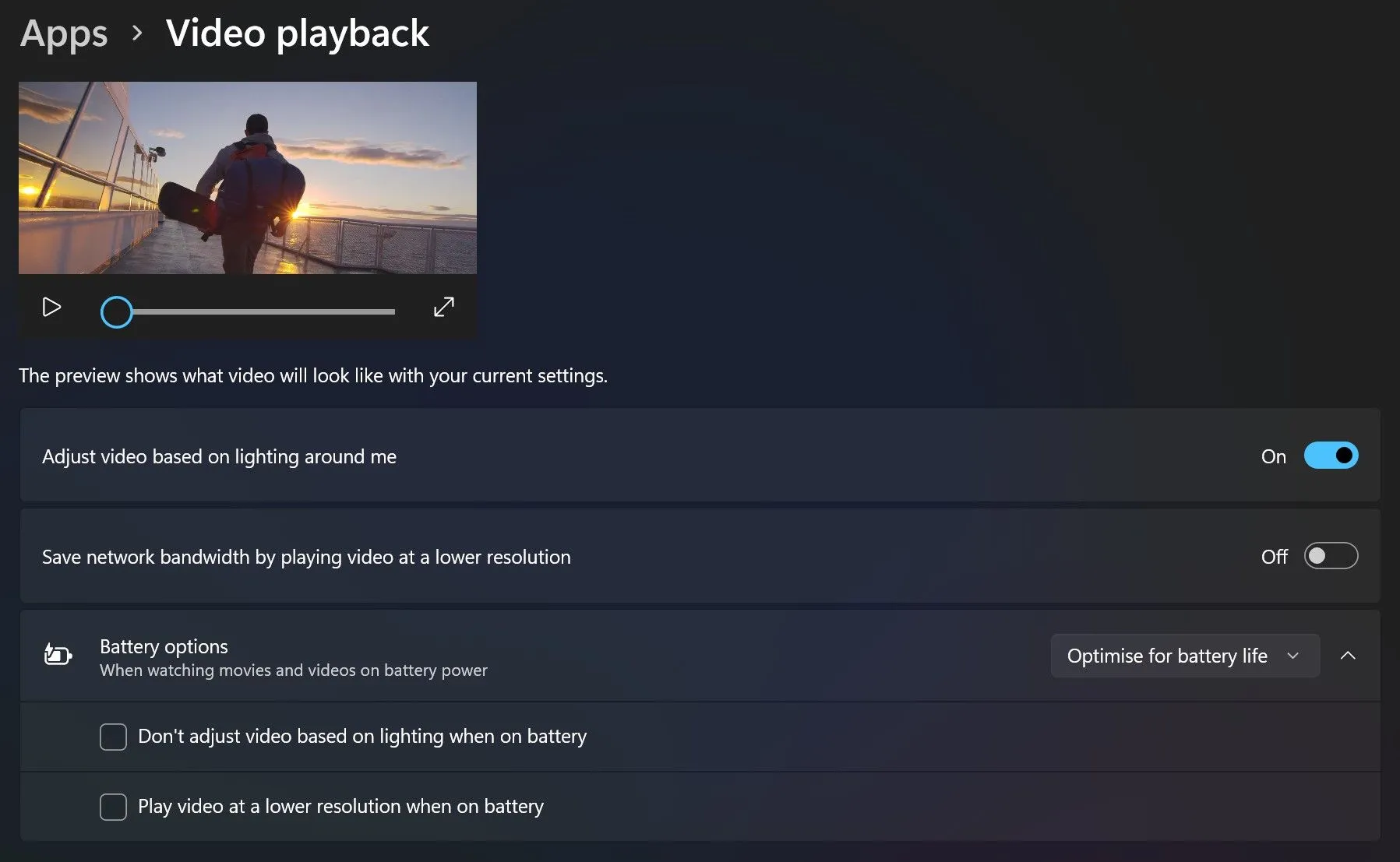 Giao diện cài đặt Phát lại video trên Windows 11