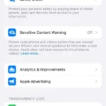 Giao diện cài đặt quyền riêng tư trên iPhone với các tùy chọn phân tích và cải thiện