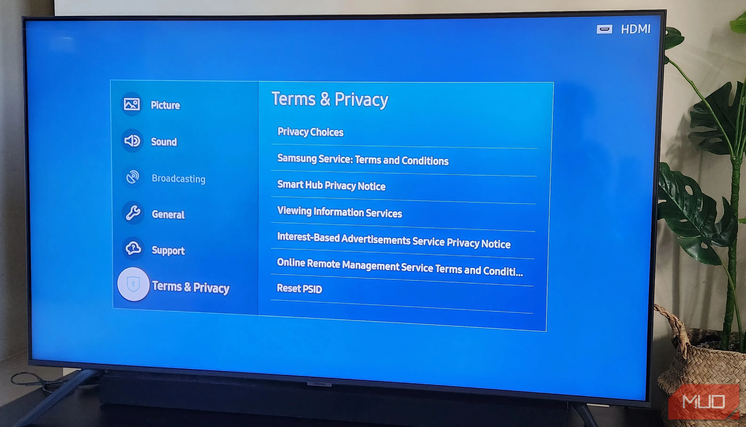 Giao diện cài đặt quyền riêng tư trên một chiếc TV thông minh Samsung, nơi người dùng có thể điều chỉnh các tùy chọn thu thập dữ liệu và bảo mật cá nhân.