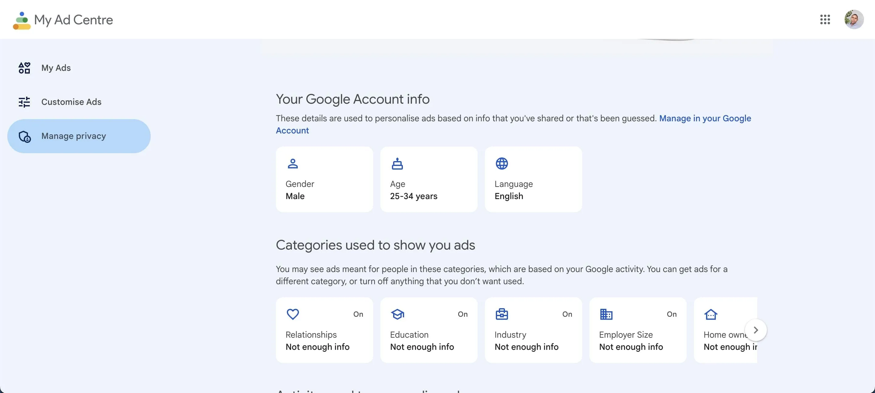 Giao diện cài đặt quyền riêng tư trong Trung tâm quảng cáo của Google