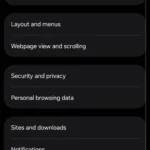 Giao diện cài đặt Samsung Internet với các tùy chọn tùy chỉnh và quyền riêng tư