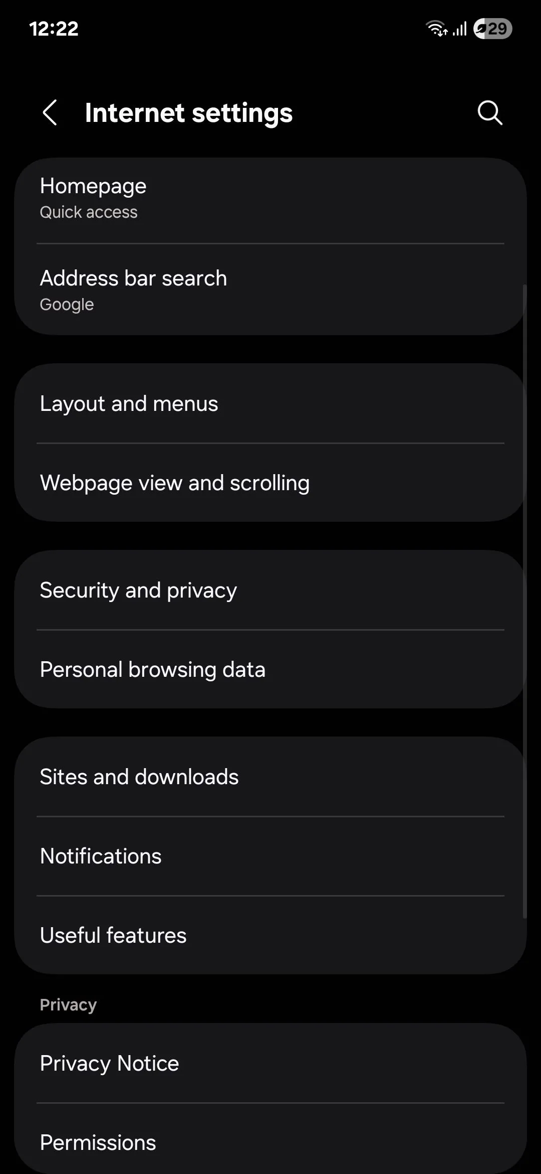 Giao diện cài đặt Samsung Internet với các tùy chọn tùy chỉnh và quyền riêng tư