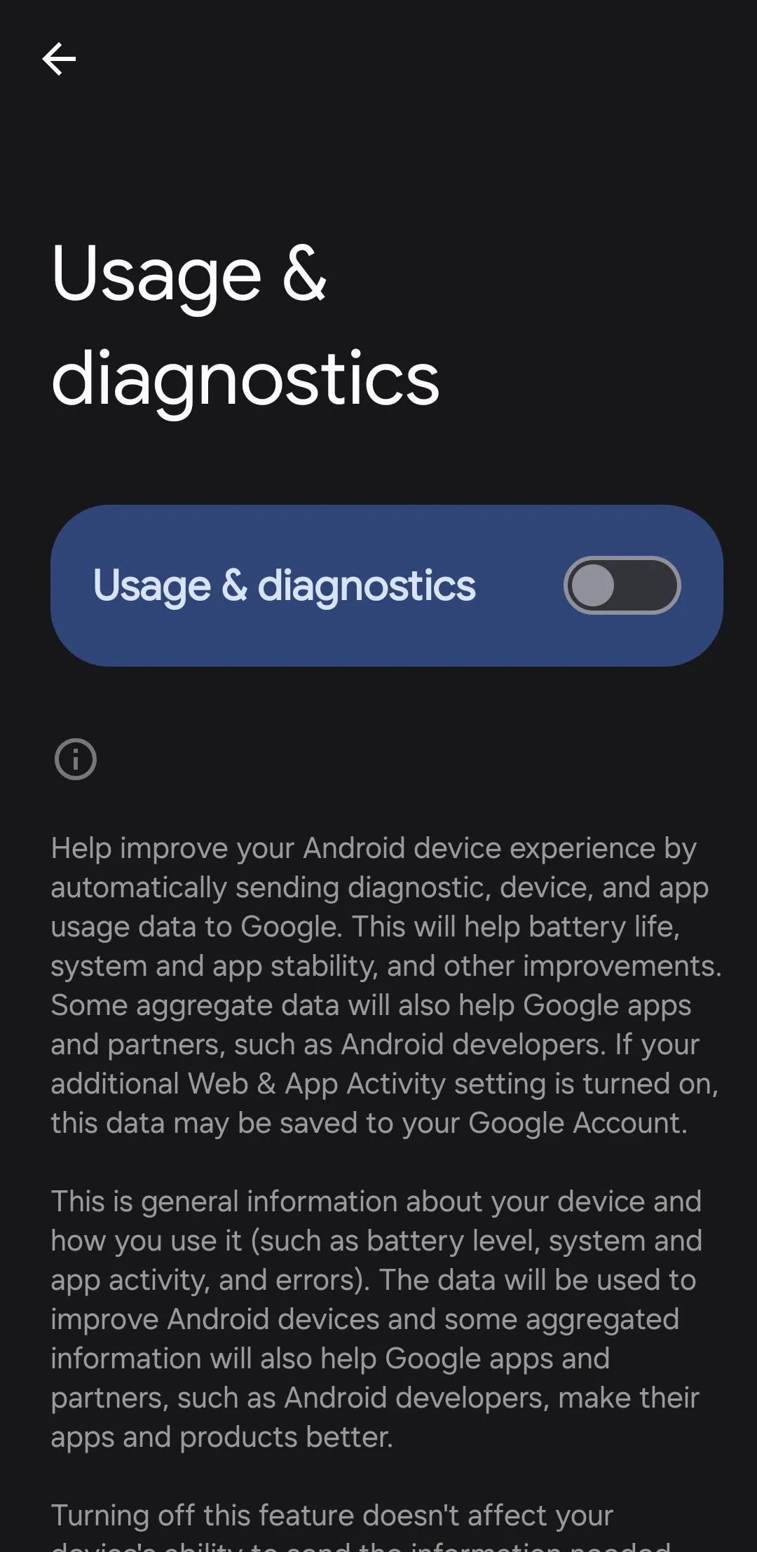 Giao diện cài đặt sử dụng và chẩn đoán trên Android, cho phép người dùng tắt tính năng gửi dữ liệu cho Google.