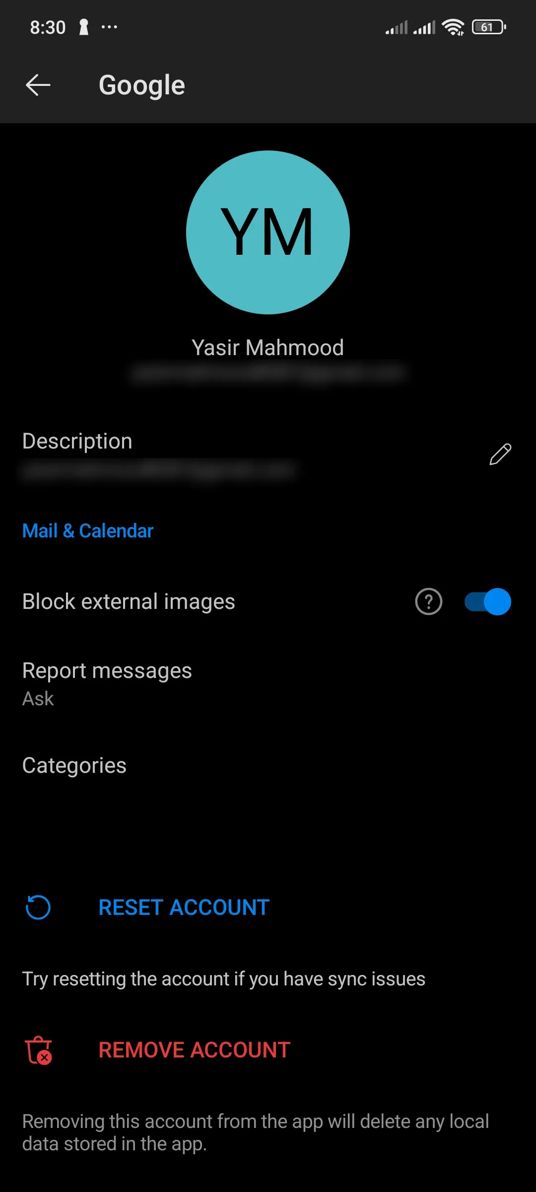 Giao diện cài đặt tài khoản Outlook trên Android với tùy chọn &quot;Chặn hình ảnh bên ngoài&quot; đã được bật.