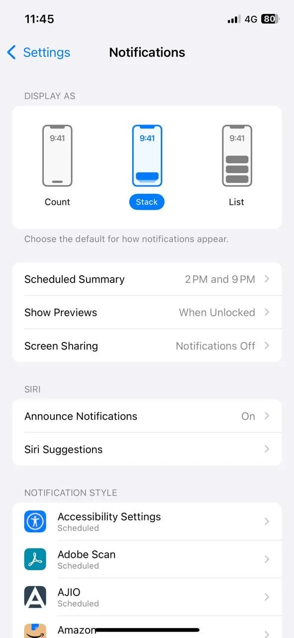 Giao diện cài đặt Thông báo trên iPhone