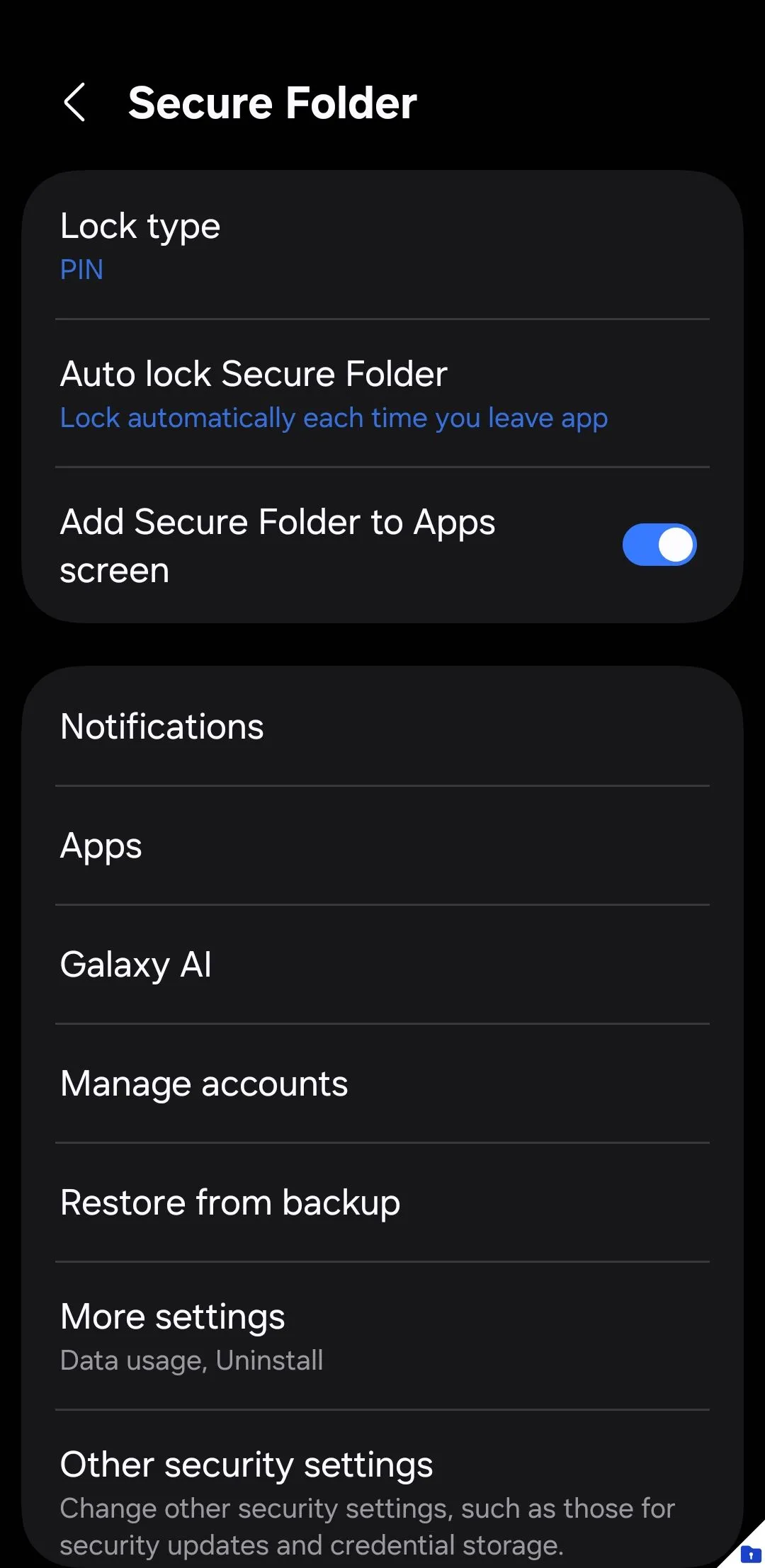 Giao diện cài đặt Thư mục bảo mật (Secure Folder) trên điện thoại Samsung