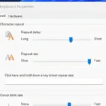 Giao diện cài đặt Thuộc tính Bàn phím trên Windows, minh họa tùy chọn Điều chỉnh độ trễ lặp lại (Repeat delay) và Tốc độ lặp lại (Repeat rate) để tối ưu phản hồi bàn phím.