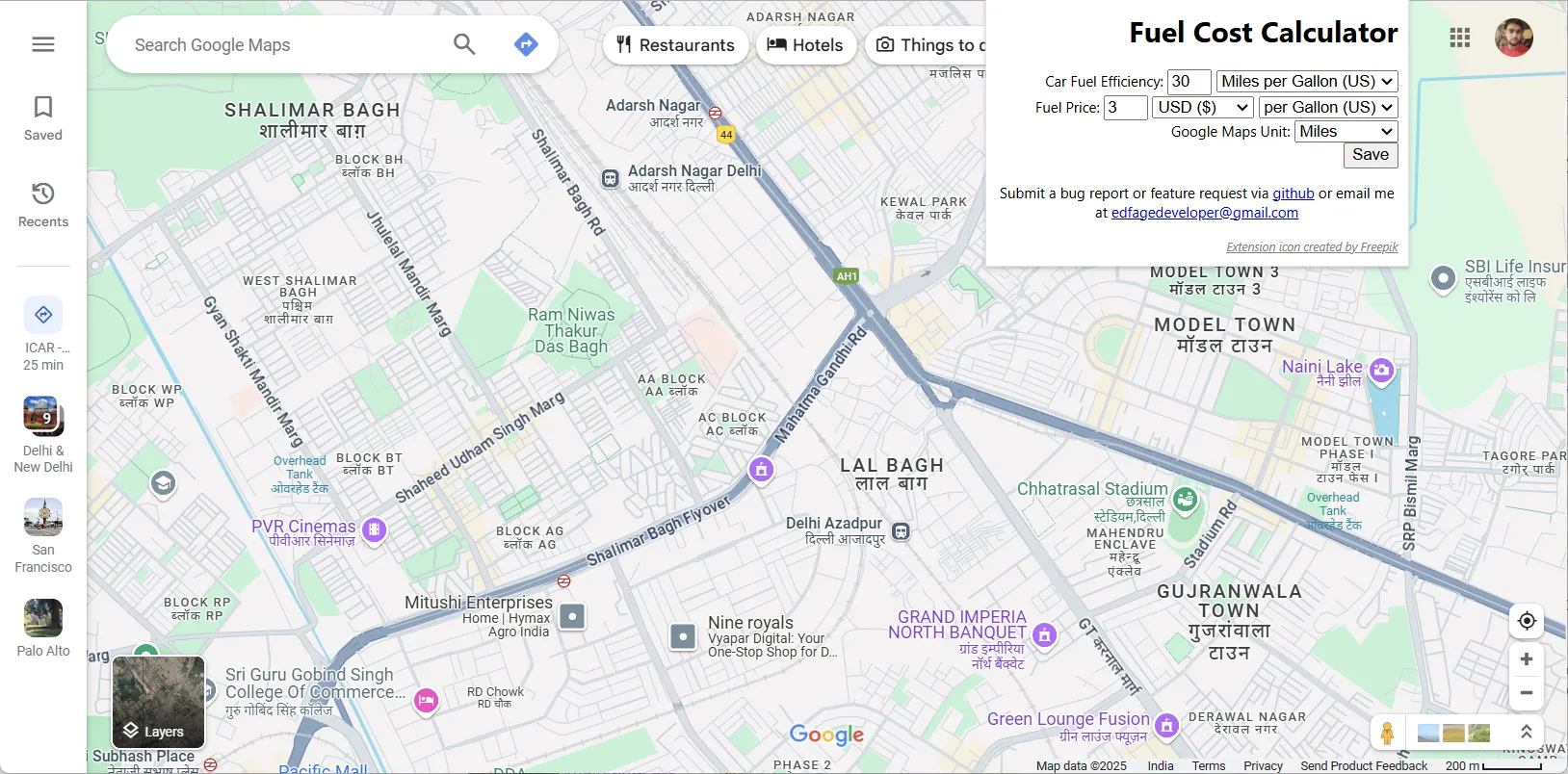 Giao diện cài đặt tiện ích tính toán chi phí nhiên liệu cho Google Maps