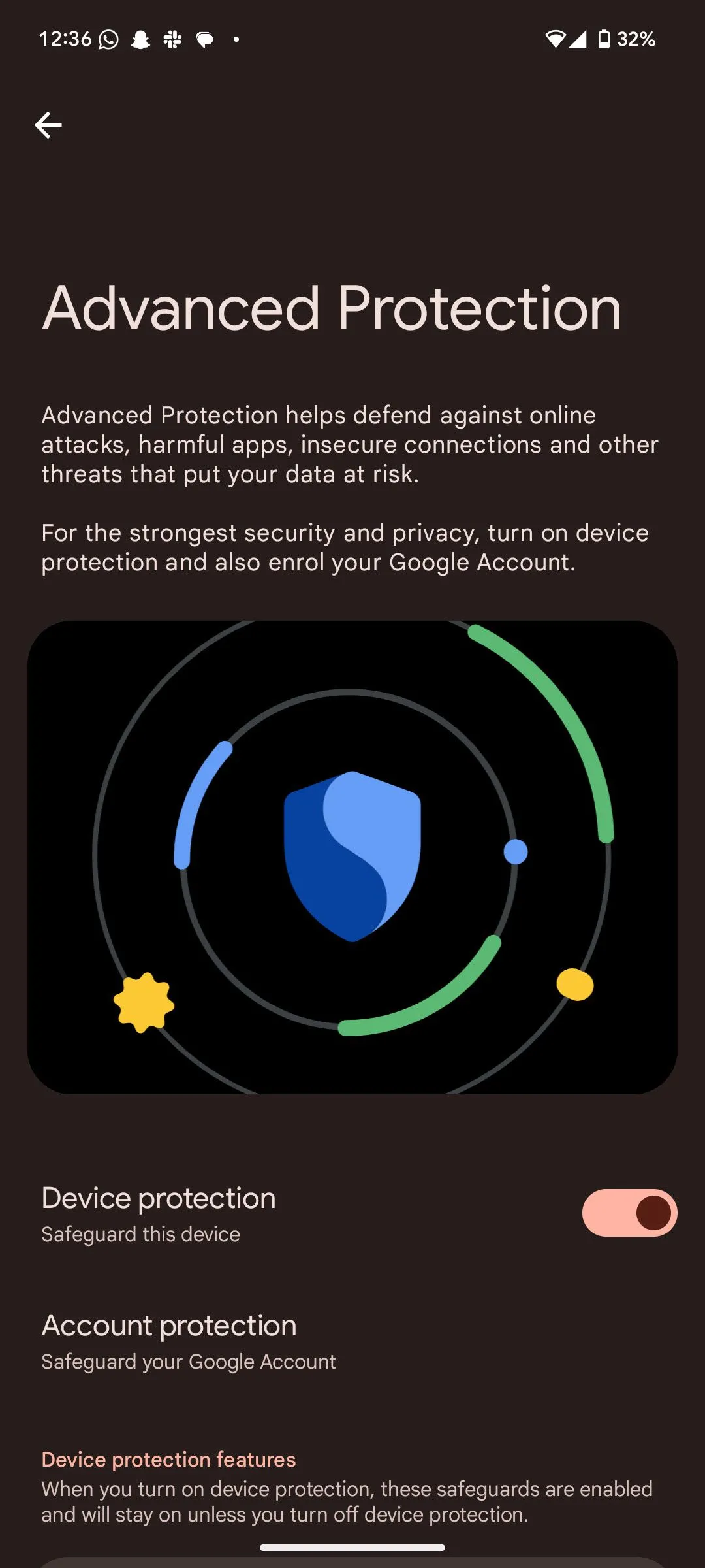 Giao diện cài đặt Tính năng bảo vệ nâng cao (Advanced Protection) trong Android 16 với các tùy chọn bảo mật thiết bị