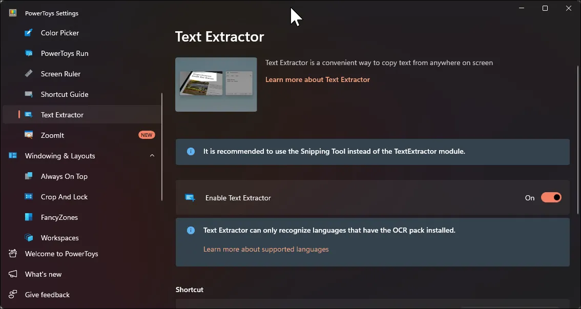 Giao diện cài đặt tính năng Text Extractor trong PowerToys, cho phép trích xuất văn bản từ hình ảnh.