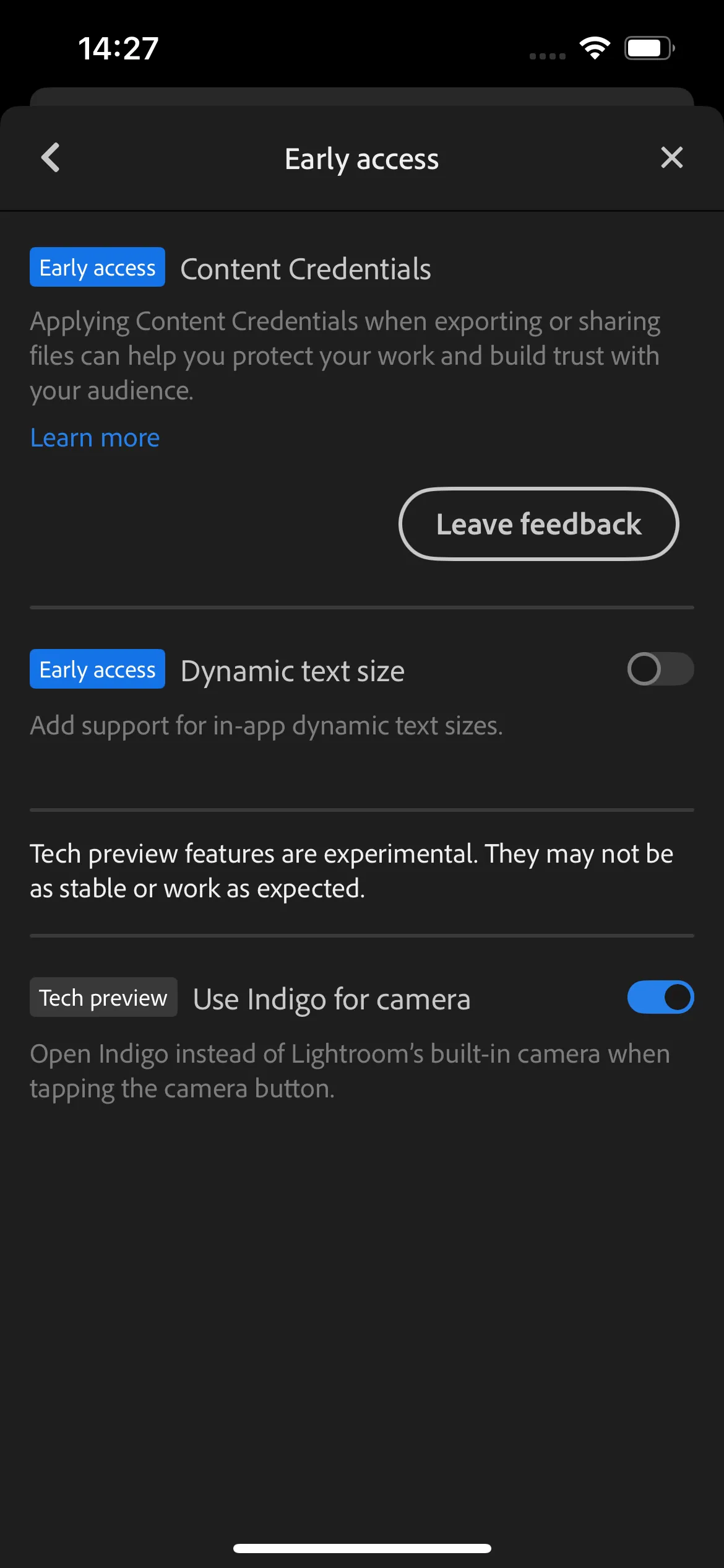 Giao diện cài đặt ứng dụng Lightroom Mobile hiển thị tùy chọn Early Access để tích hợp Project Indigo.