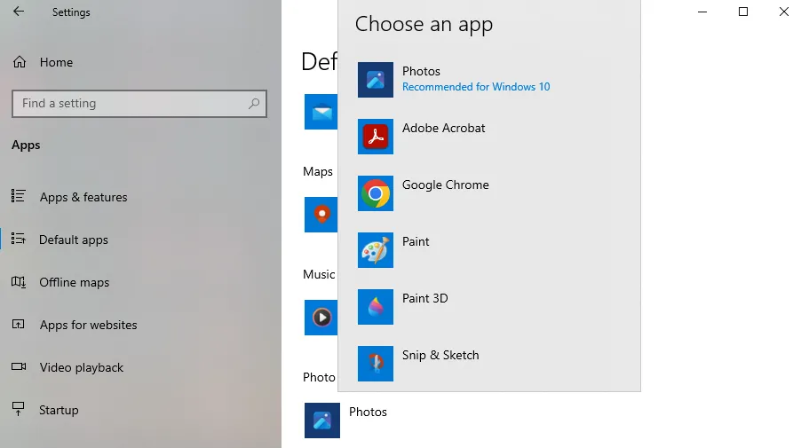 Giao diện cài đặt ứng dụng mặc định trên Windows 10, minh họa sự đơn giản trong việc tùy chỉnh