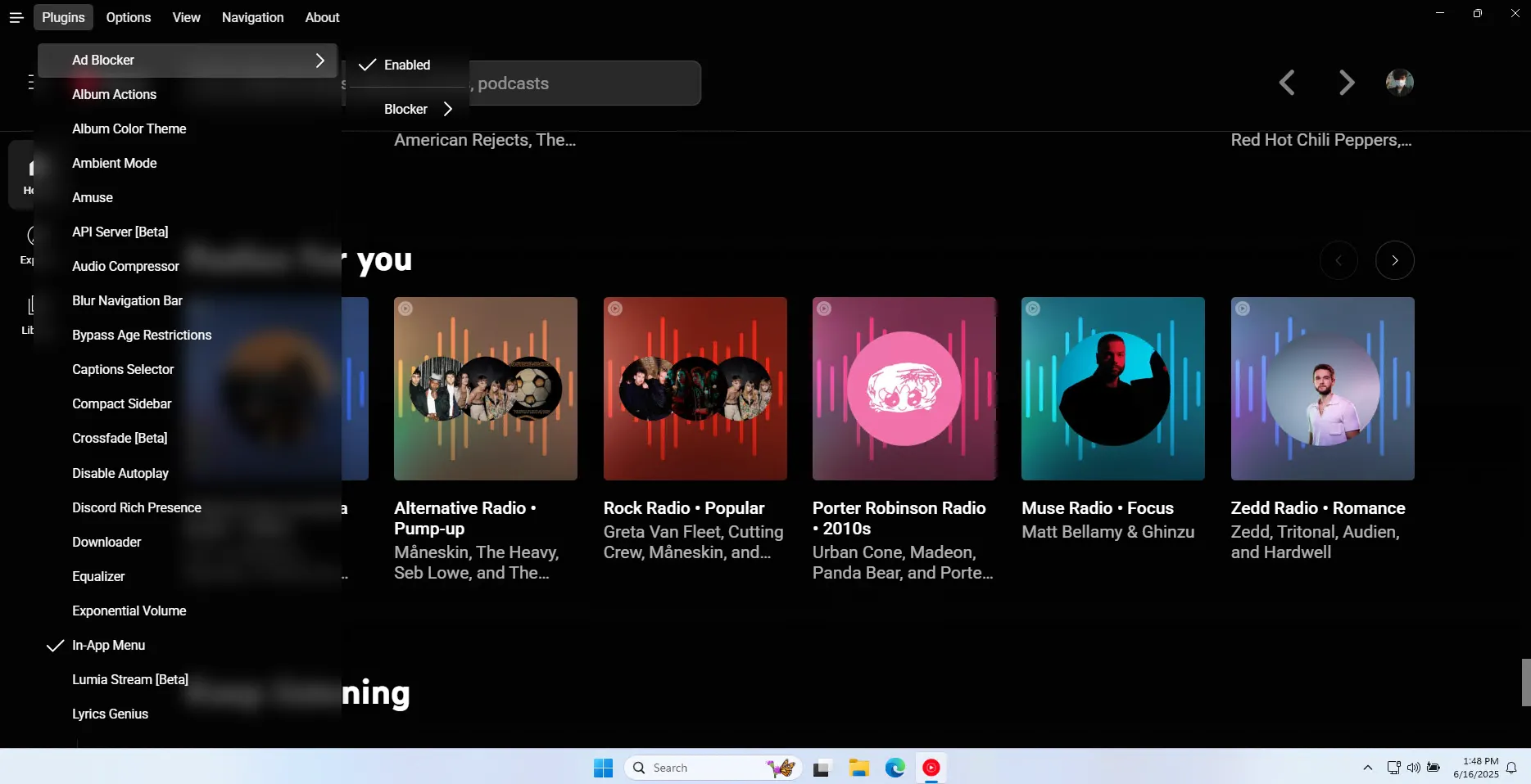 Giao diện cài đặt và quản lý plugin của ứng dụng Custom YouTube Music Desktop, cho phép tùy chỉnh sâu.