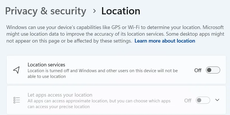 Giao diện cài đặt Vị trí trên Windows 11, hiển thị nút bật tắt Dịch vụ vị trí.