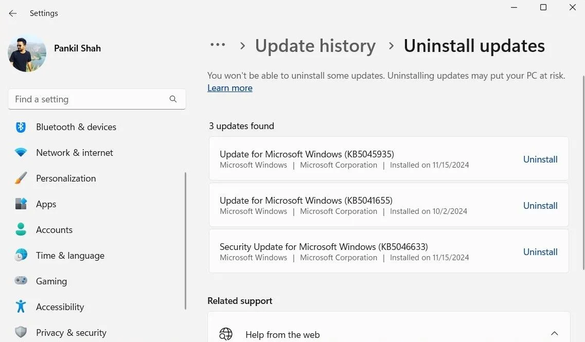 Giao diện Cài đặt Windows 11 hiển thị tùy chọn gỡ cài đặt các bản cập nhật gần đây để khắc phục lỗi hệ thống