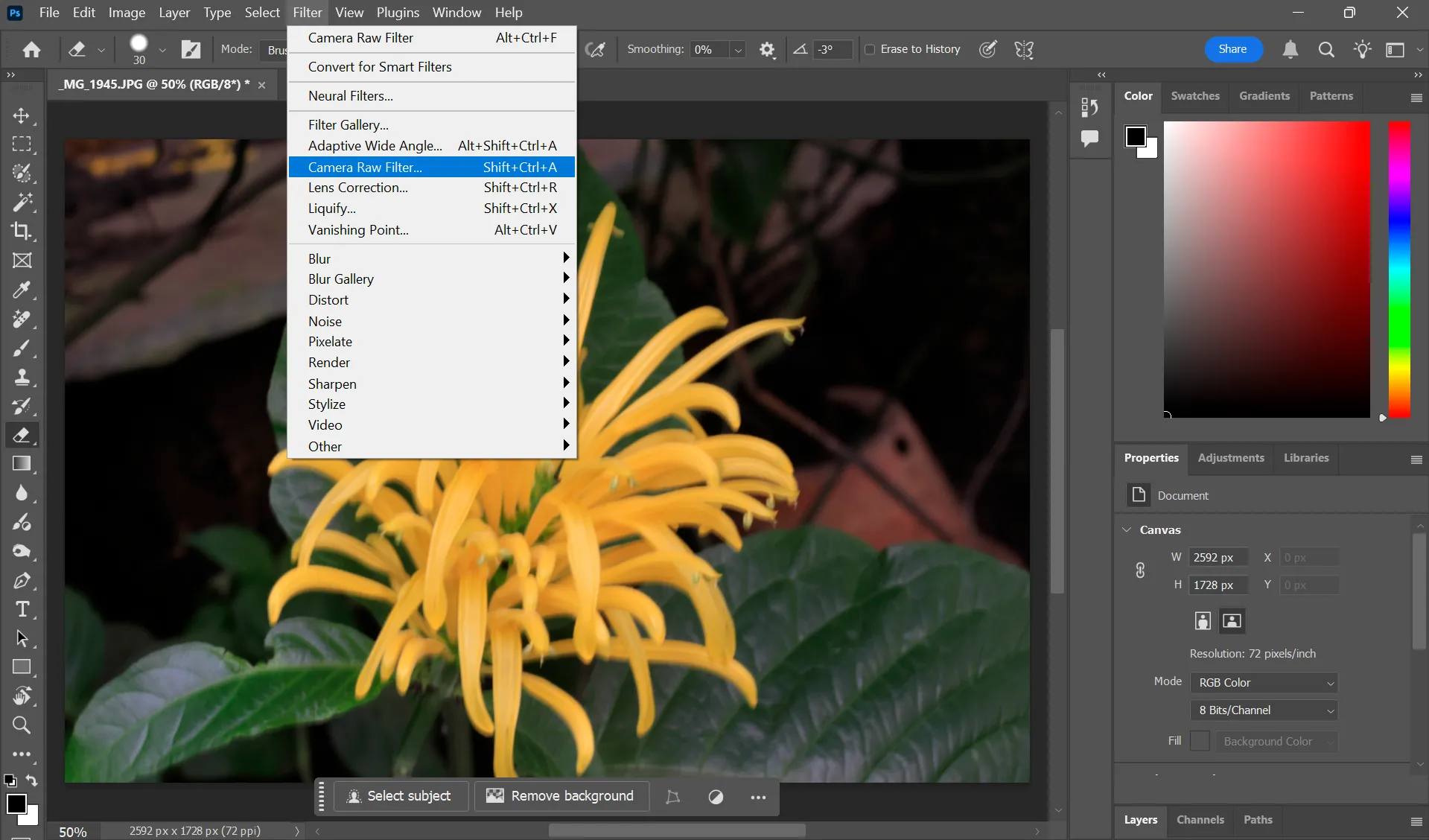 Giao diện Camera Raw Filter trong Photoshop với tùy chọn Lens Blur