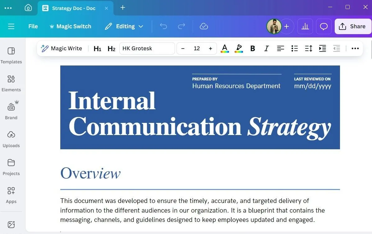 Giao diện Canva Docs trên máy tính hiển thị tài liệu đang chỉnh sửa