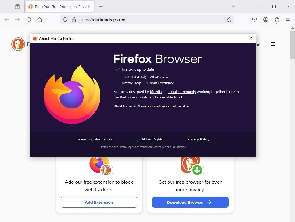 Giao diện cập nhật của trình duyệt Firefox hiển thị quá trình kiểm tra và cài đặt phiên bản mới