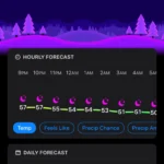 Giao diện Carrot Weather trên iPhone hiển thị dự báo thời tiết hài hước với cá tính snarky