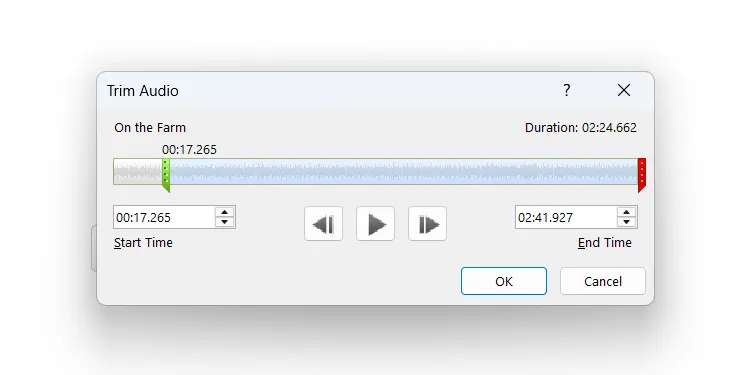 Giao diện cắt âm thanh trong PowerPoint, cho phép người dùng điều chỉnh điểm bắt đầu và kết thúc của đoạn âm thanh.