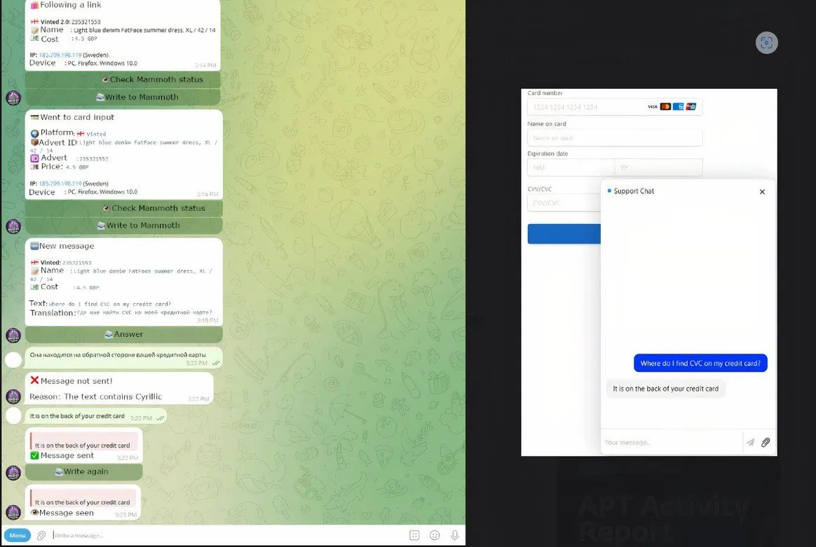 Giao diện chatbot lừa đảo của Telekopye, hiển thị khung chat của kẻ tấn công (trái) với tin nhắn đã dịch và màn hình nạn nhân (phải).