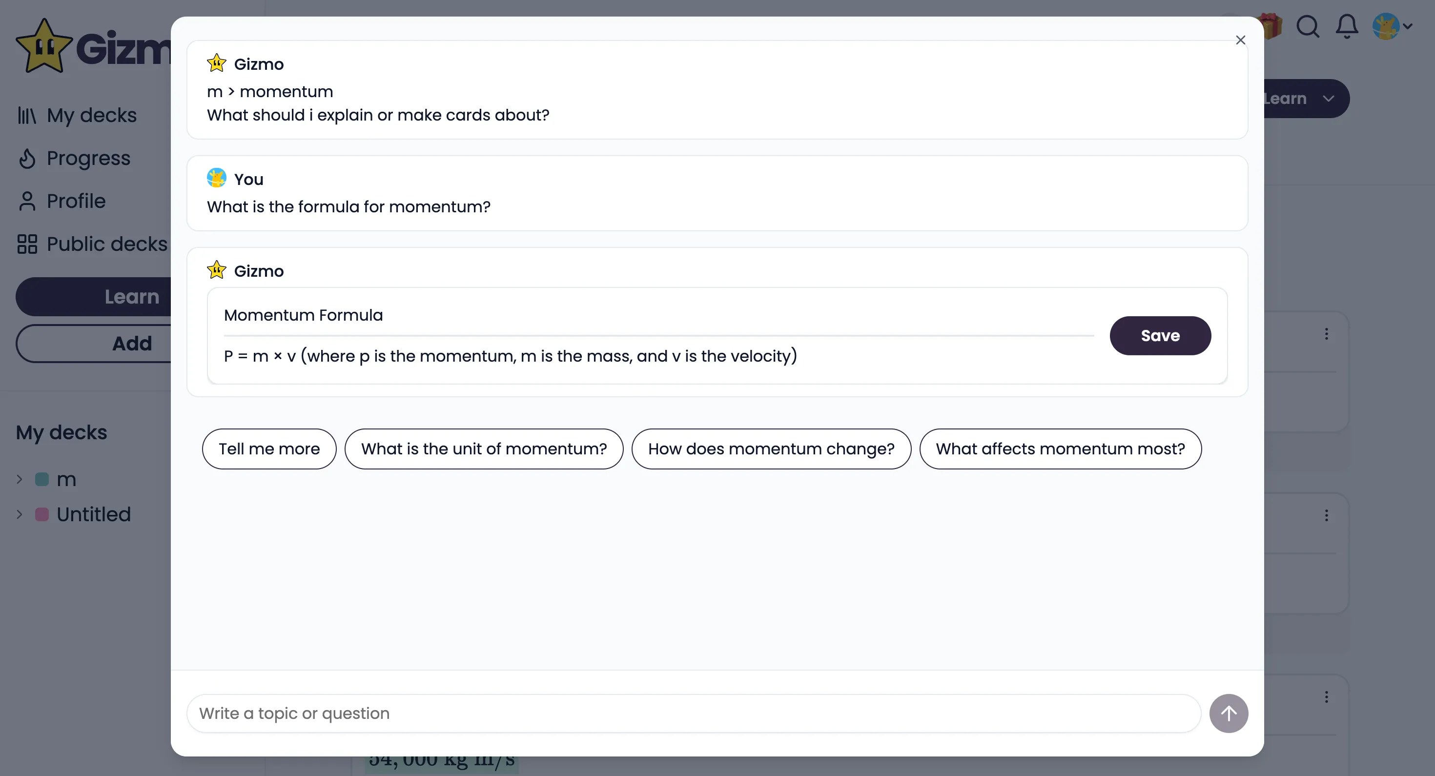 Giao diện chatbot tạo flashcard bằng AI của Gizmo, nơi người dùng nhập chủ đề hoặc câu hỏi