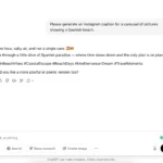 Giao diện ChatGPT tạo chú thích cho bài đăng Instagram về bãi biển Tây Ban Nha