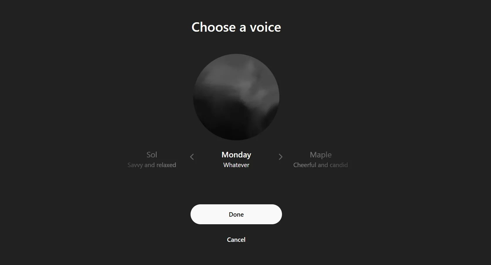 Giao diện ChatGPT trong chế độ giọng nói, với tùy chọn giọng Monday Mode mới ra mắt