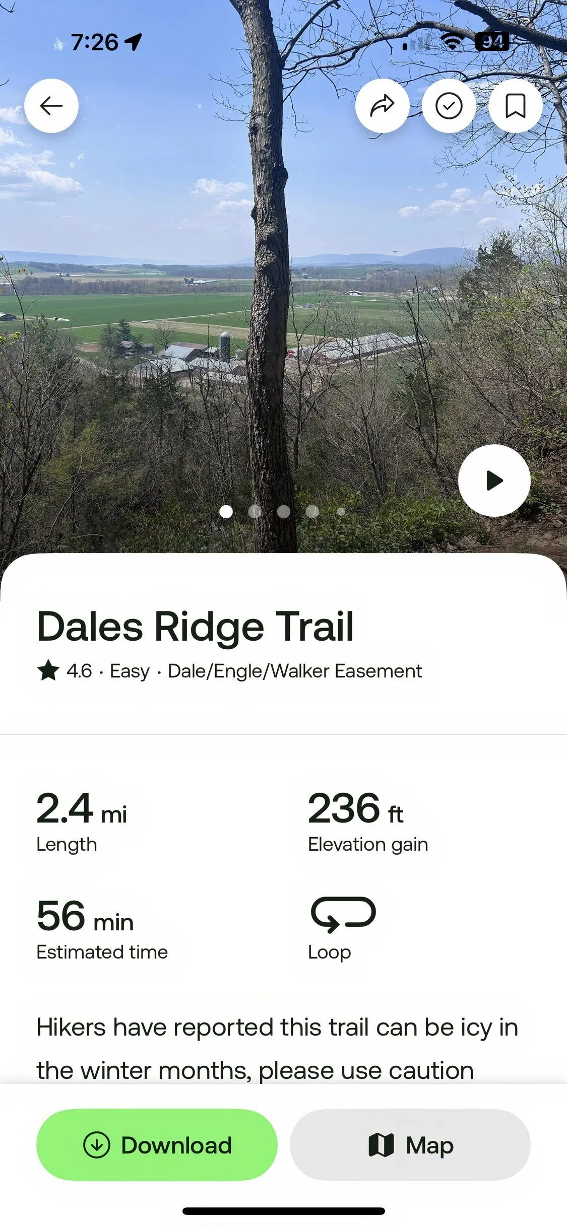 Giao diện chi tiết đường mòn trên ứng dụng AllTrails, hiển thị độ khó và thông tin an toàn