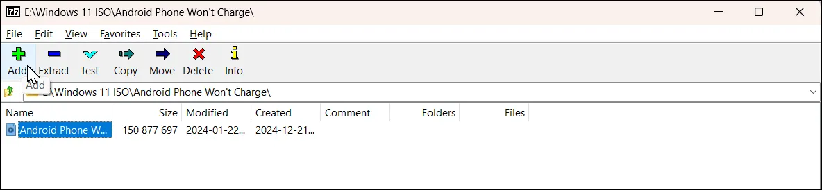 Giao diện chính 7-Zip chọn file để thêm vào kho lưu trữ