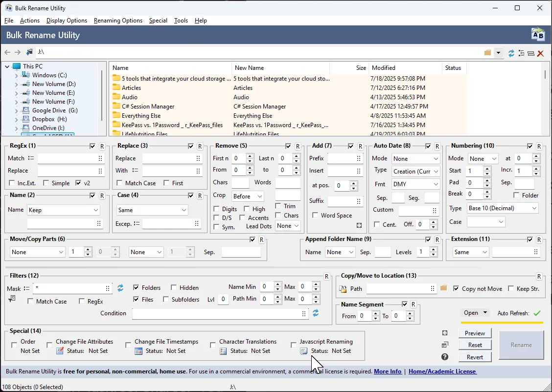 Giao diện chính của Bulk Rename Utility hiển thị các tùy chọn đổi tên file hàng loạt phức tạp và tính năng xem trước trực tiếp.