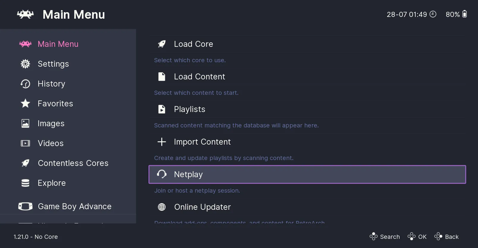 Giao diện chính của RetroArch hiển thị các tùy chọn như Load Core và Load Content để bắt đầu giả lập game