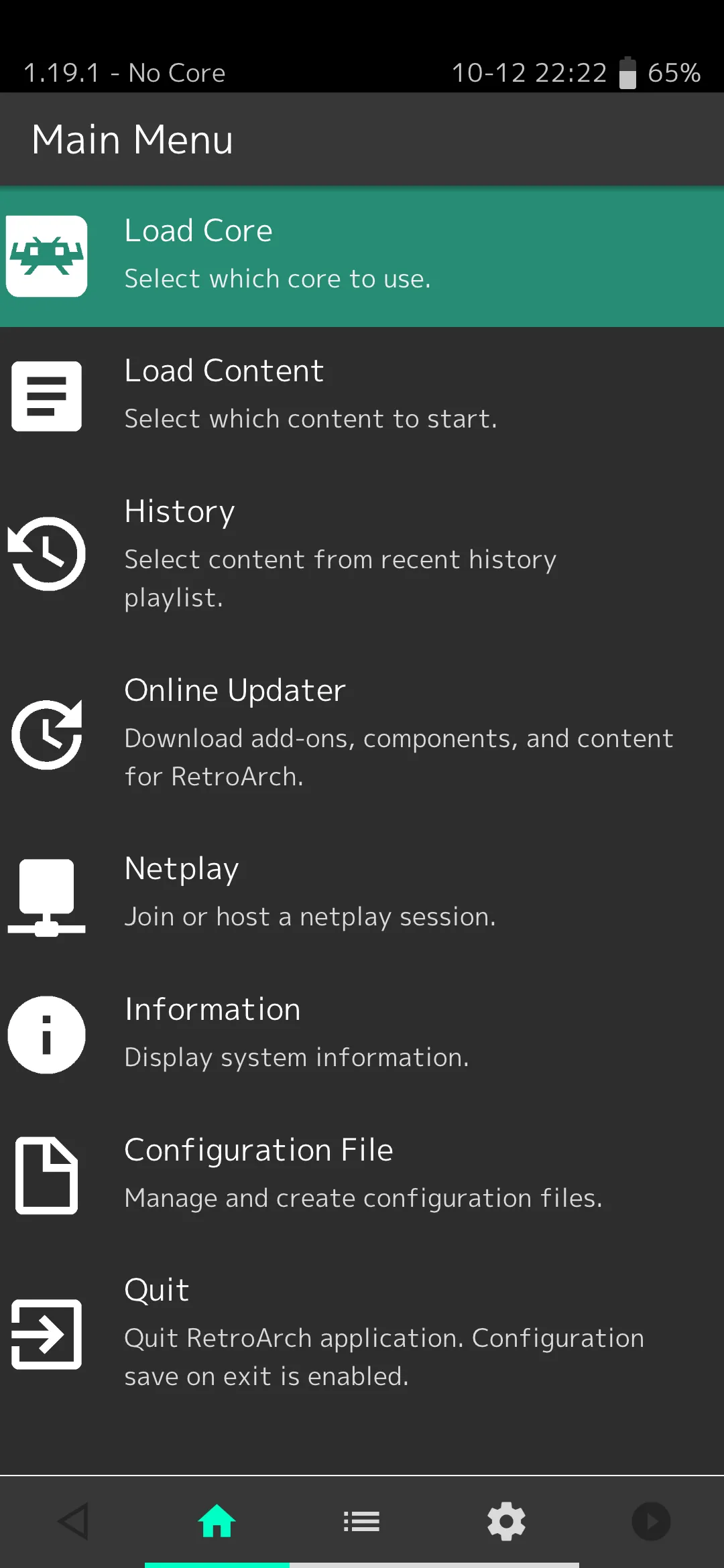 Giao diện chính của trình giả lập RetroArch trên Android