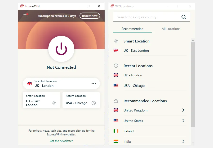 Giao diện chính của ứng dụng ExpressVPN với danh sách vị trí máy chủ và nút kết nối VPN