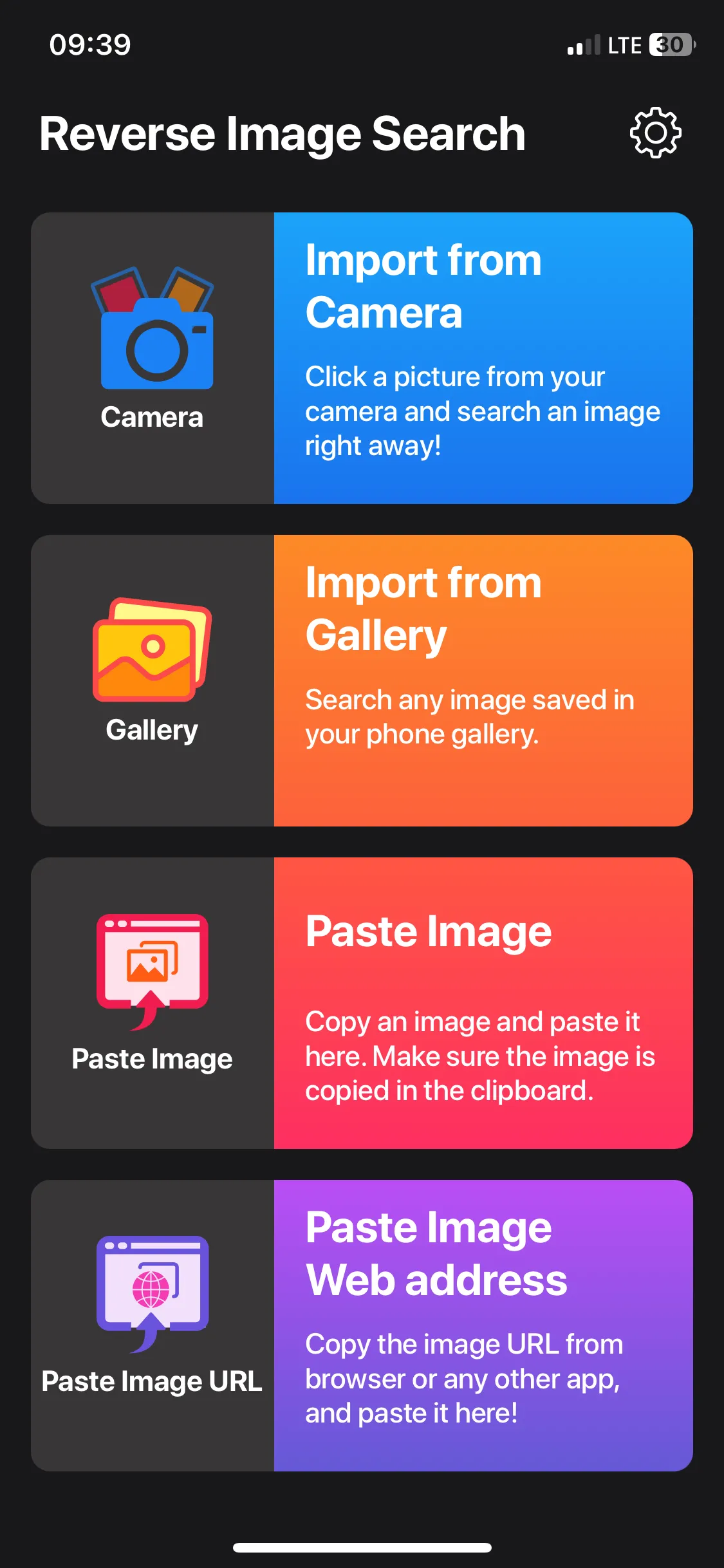 Giao diện chính của ứng dụng Image Recognition and Searcher trên iPhone để bắt đầu tìm kiếm hình ảnh