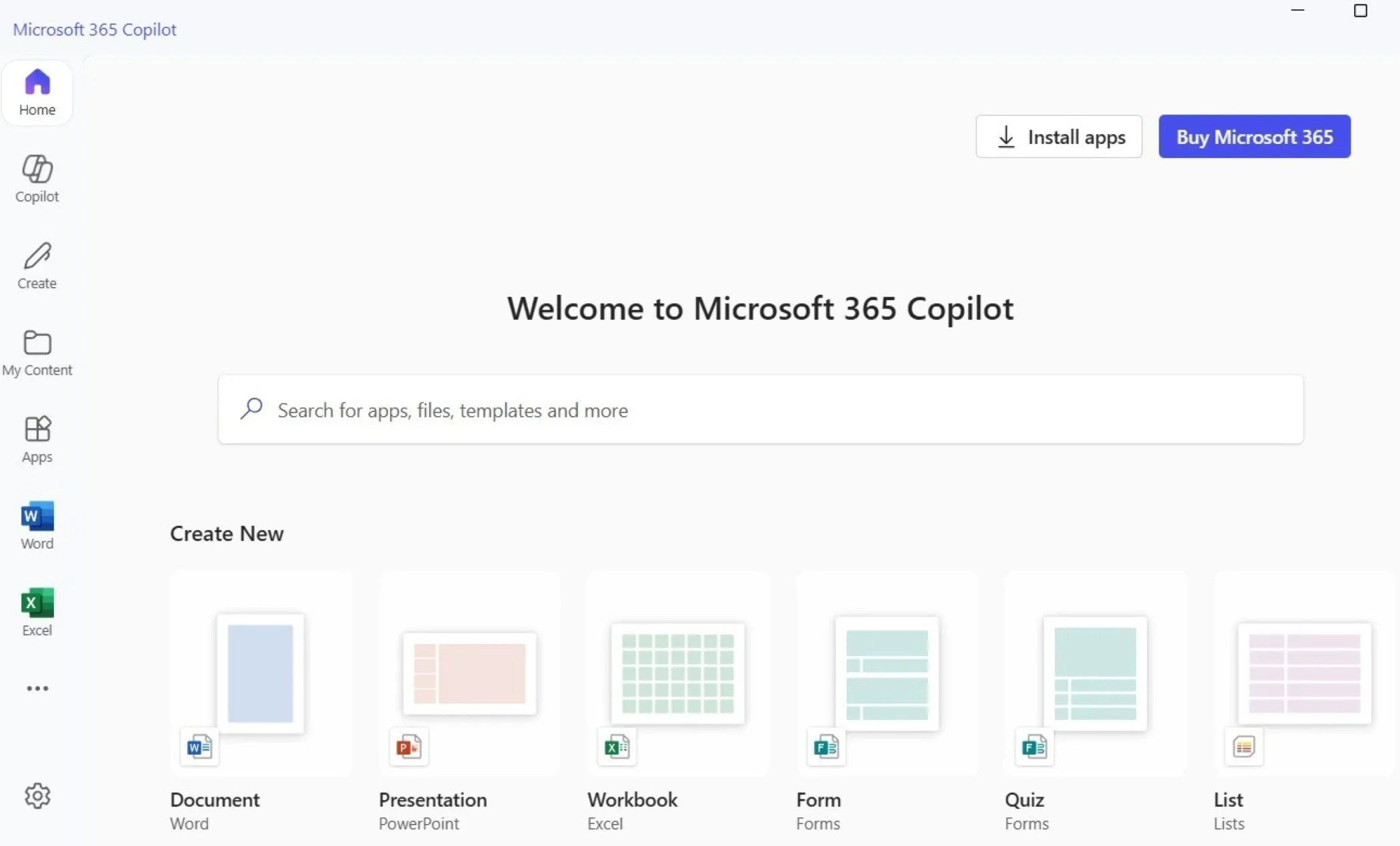 Giao diện chính của ứng dụng Microsoft Copilot trong Microsoft 365, thể hiện khả năng AI hỗ trợ công việc văn phòng.