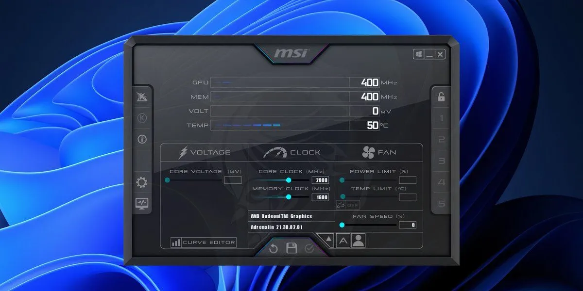 Giao diện chính MSI Afterburner trên Windows 11 hiển thị các thông số ép xung và điều khiển card đồ họa.