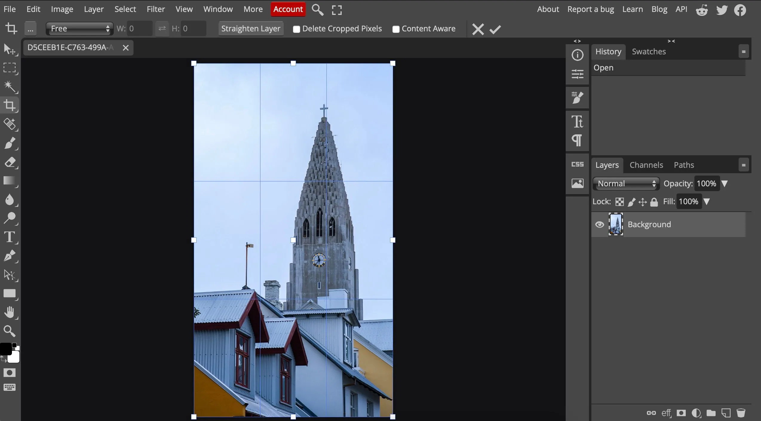 Giao diện chỉnh sửa ảnh trên Photopea, một công cụ web mạnh mẽ thay thế Photoshop