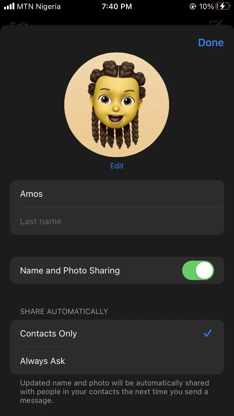 Giao diện chỉnh sửa chi tiết iMessage trên iPhone, minh họa thiếu vắng các tính năng dựa trên Face ID