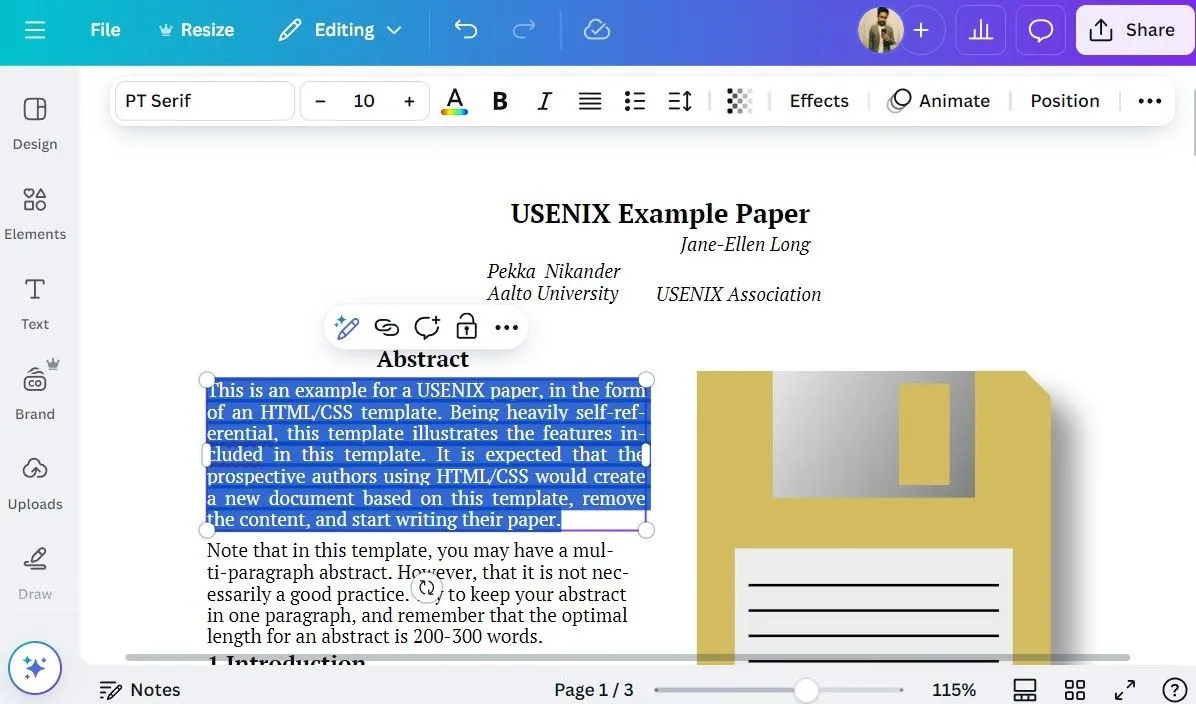 Giao diện chỉnh sửa file PDF trực tiếp trên ứng dụng Canva dành cho máy tính