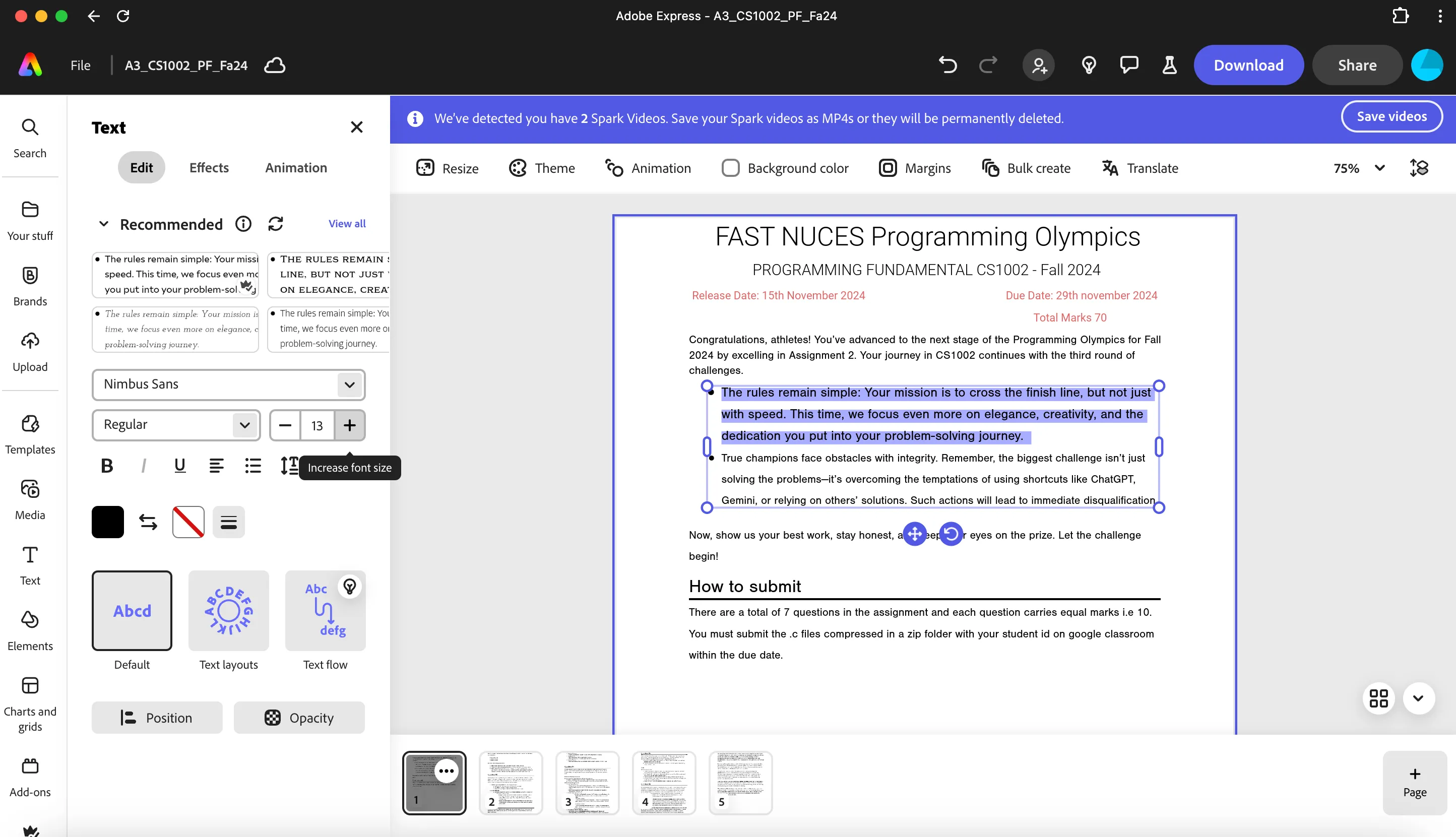 Giao diện chỉnh sửa tệp PDF trực tiếp trong Adobe Express, với khả năng điều chỉnh văn bản và hình ảnh.